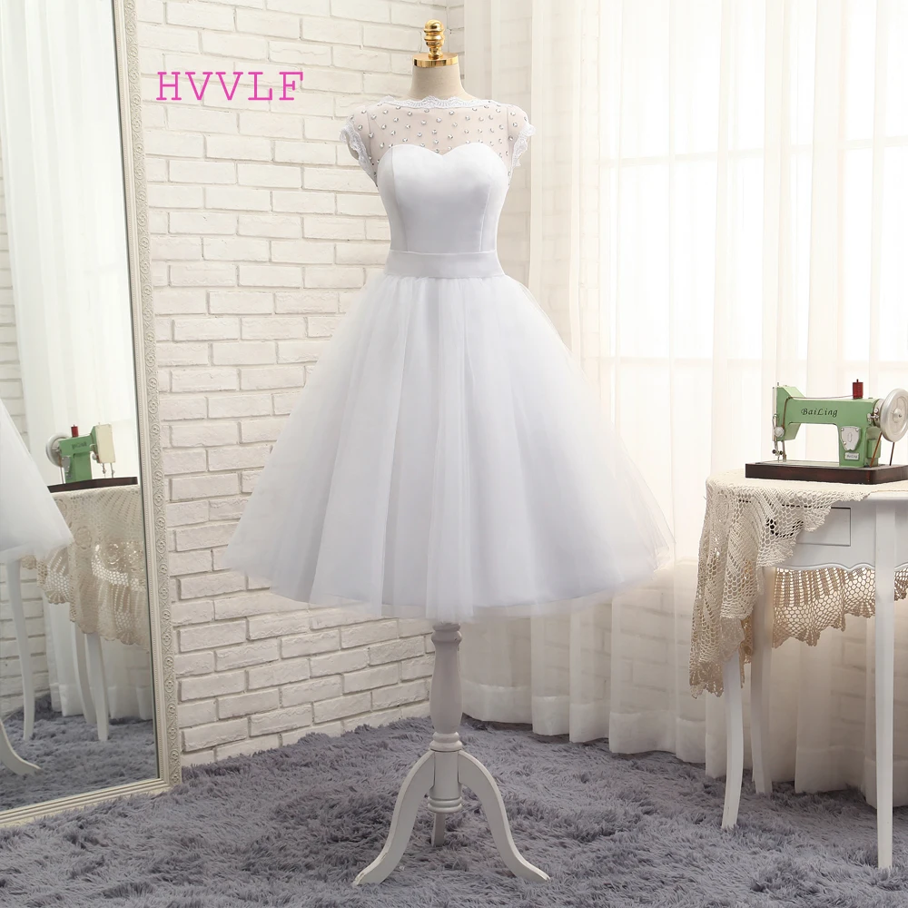 

Vestido De Noiva 2019 Short Wedding Dresses A-line Tea Length Tulle Crystals Bow Backless Vintage Wedding Gown Bridal Dresses
