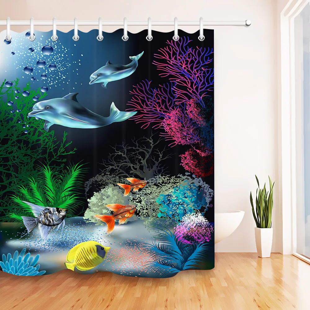 

Fish Dolphins And Corals Shower Curtain Underwater World Bathroom Waterproof Mildew Resistant Polyester Fabric for Bathtub Decor