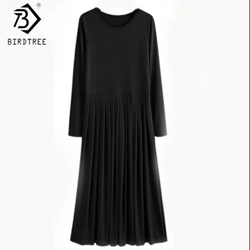 

Vintage Plain 2017 Autumn 5XL Plus Size Long Dresses With Sashes Pleated High Stretch Solid Colors Casual Maxi Dress D63704R