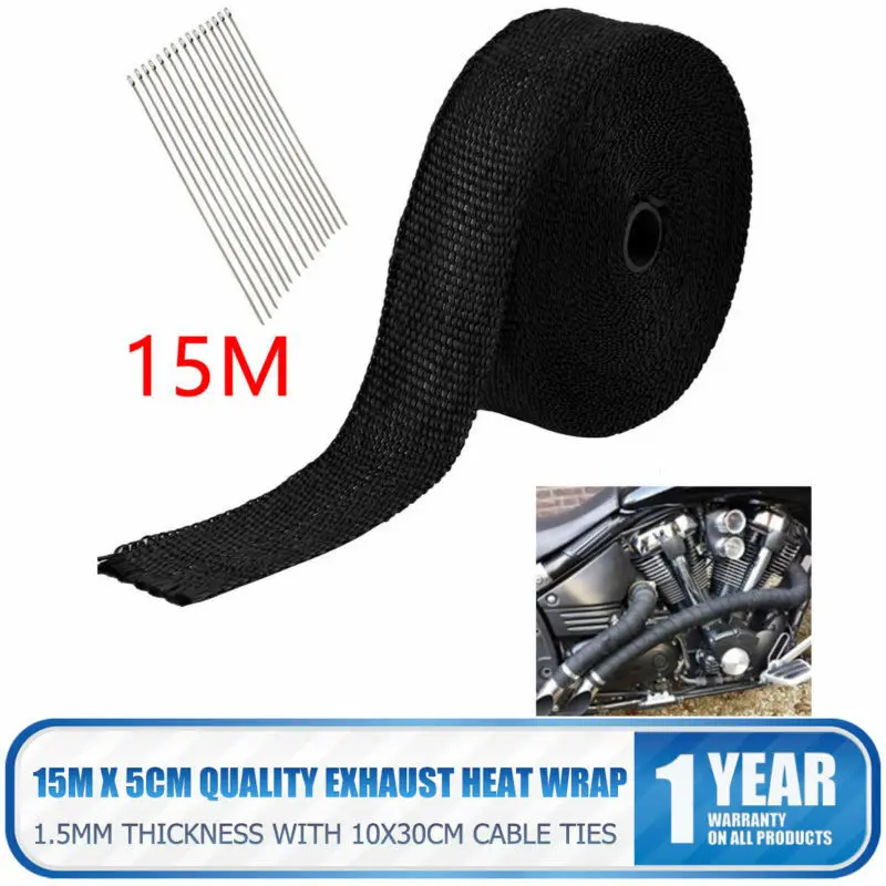 Manifold Downpipe  High Temp BLACK Exhaust Heat Wrap with Ties Tape 