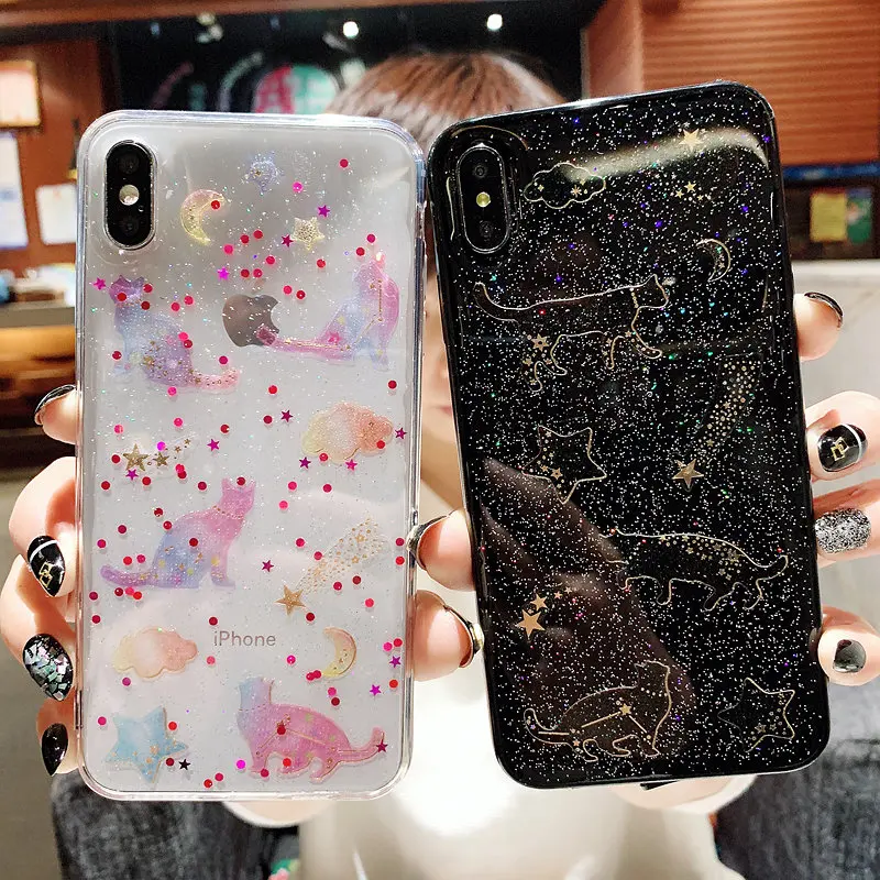 

Cute Clear Glitter Star Case For iphone xr 6 6s 7 8 Plus Cartoon Cat Starry Sky Stars Soft TPU Cover Case For iPhone X XS Max