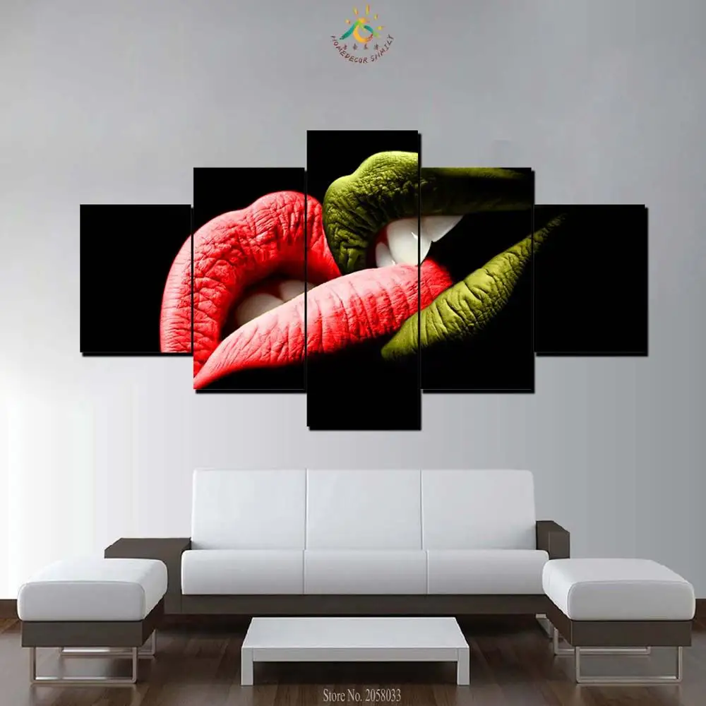 

3-4-5 Pieces Green Red Lips Modern Wall Art Canvas Printed Painting HD Prints Modular Poster Wall Pictures for Home Decor