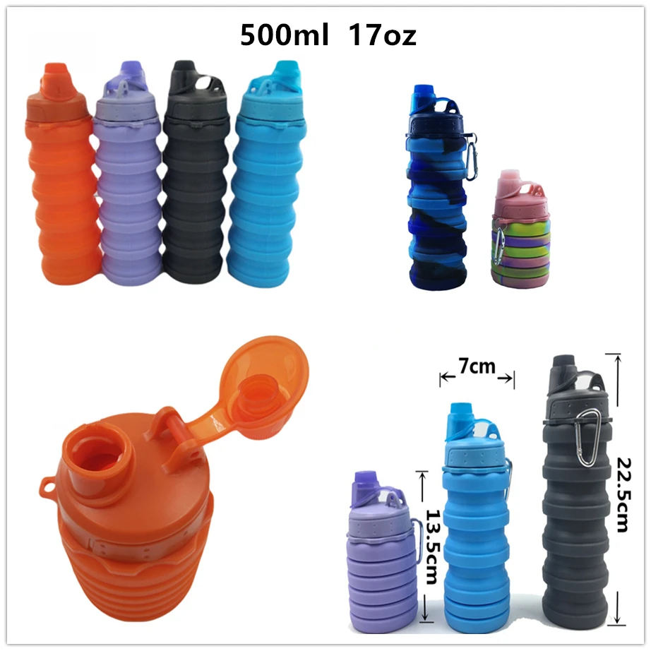 

Silicone water bottle collapsible kettle folding cup telescopic sports mug 500ml 17oz leak proof lid and carabiner