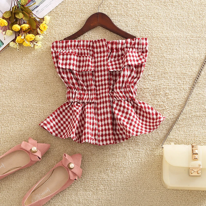 

Women Ladies Fashion Sweet Summer Tube Tops Sexy Club Sleeveless Ruffles Ruched Skinny Solid Short Length Tops Plaid