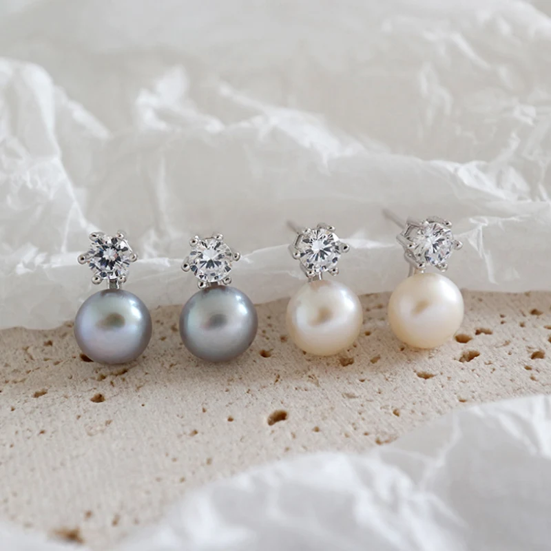 

BIG J.W Elegant Grey Natural Freshwater Pearl Earrings For Women Pure 925 Sterling Silver Stud Earring Shiny CZ Stone Jewelry