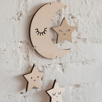 

Children's Room Decoration Sleeping Wooden Cloud and Moon Hanging Board Baby Decor Children's Mobile Moon Stars and the Cloud