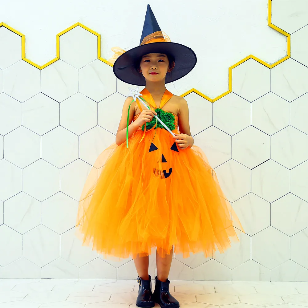 Orange Pumpkin Pattern Halloween Witch Outfit Tutu Dress Halloween Costumes for Teens Vampirina Birthday Mid Calf Flower Dress (13)