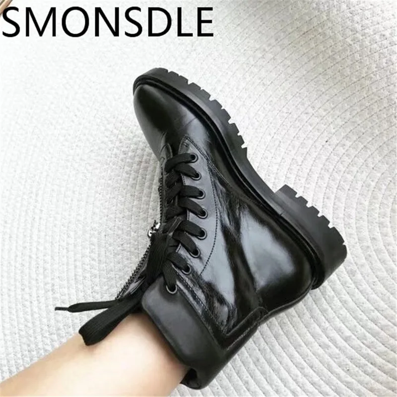 

SMONSDLE New Black Genuine Leather Round Toe Women Motorcycle Boots Front Zip Low Thunky Heel Women Autumn Winter Ankle Boots
