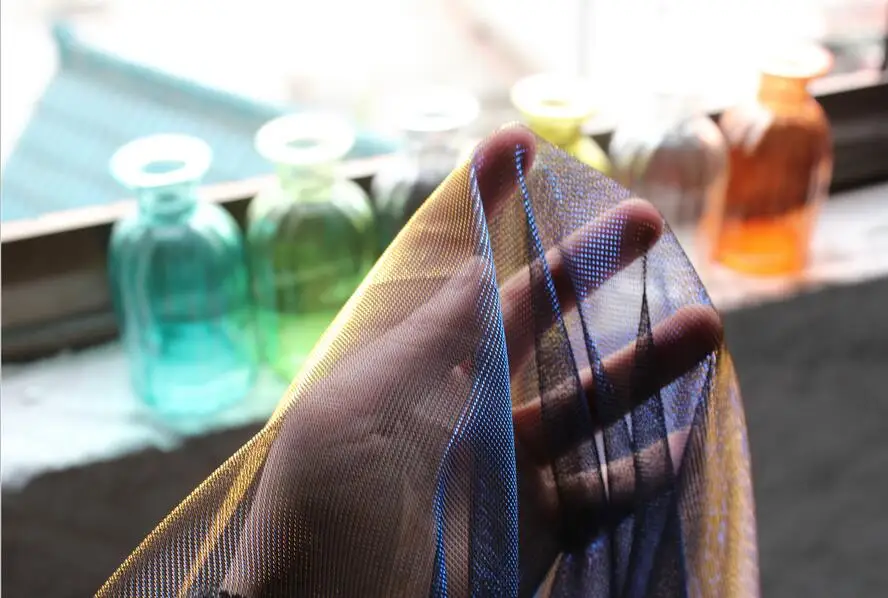 Hyun голубое золото Лазерная симфония полые сетки текстура кружева платье цвет ультра прозрачная дизайнерская ткань