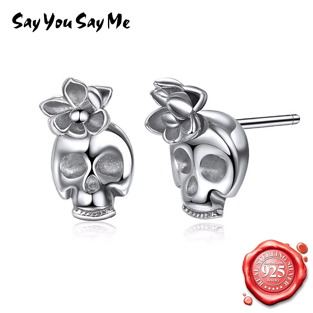 

Say You Say Me Punk Style Silver Stud Skull Earrings 925 Sterling Silver Gift Party Elegant Trendy Style Dropshipping