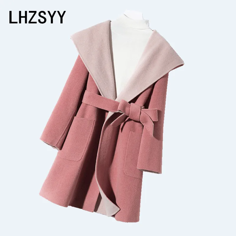 

LHZSYY Winter New Women' Cashmere Woolen Coat V-Neck Wild Wool Solid Color Thick Double-Faced Coat High Quality Long Female Coat