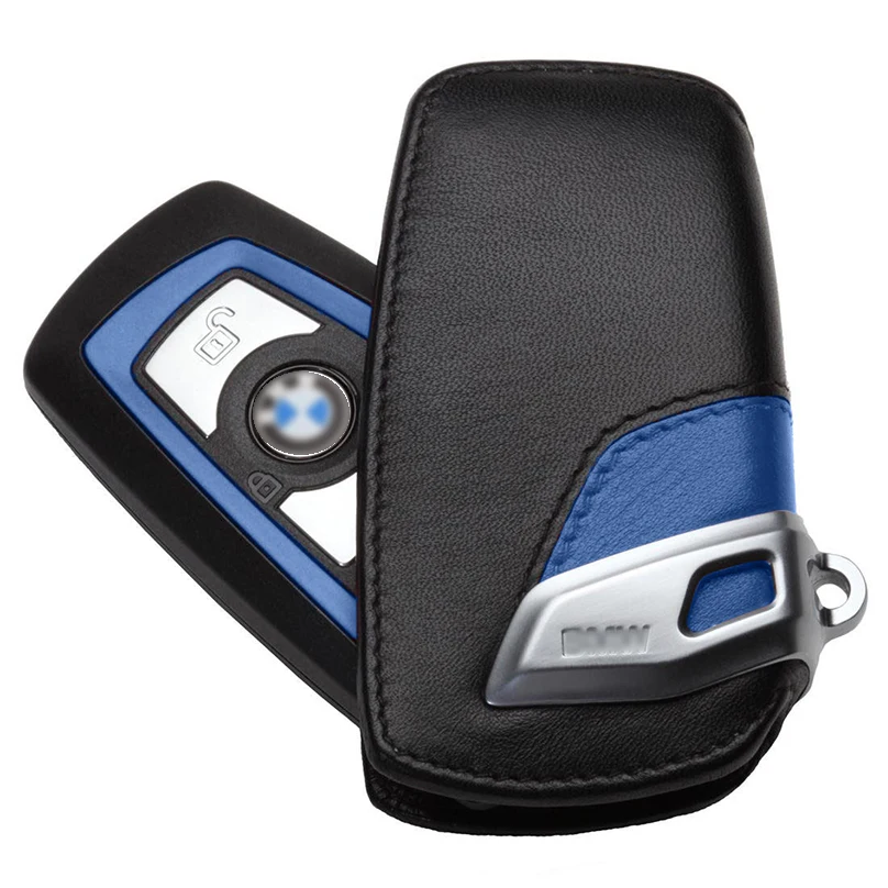 Key Case Bag Cover Fob Holder For BMW 3 5 7 Series X3 Sport Line Genuine Leather Blue