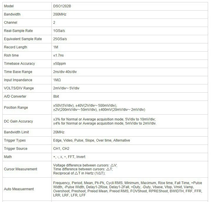Hantek DSO1202B Bandwidth200MHz канал 2 Real-частота дискретизации 1GSa/s эквивалент частота дискретизации 25GSa/s