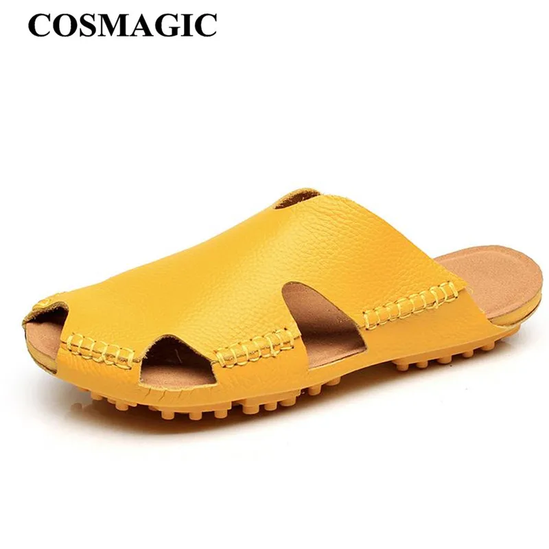 

COSMAGIC 2019 New Summer Genuine Leather Beach Slippers Casual Women Cut-outs Solid Color Clogs Slides Shoe Flat With