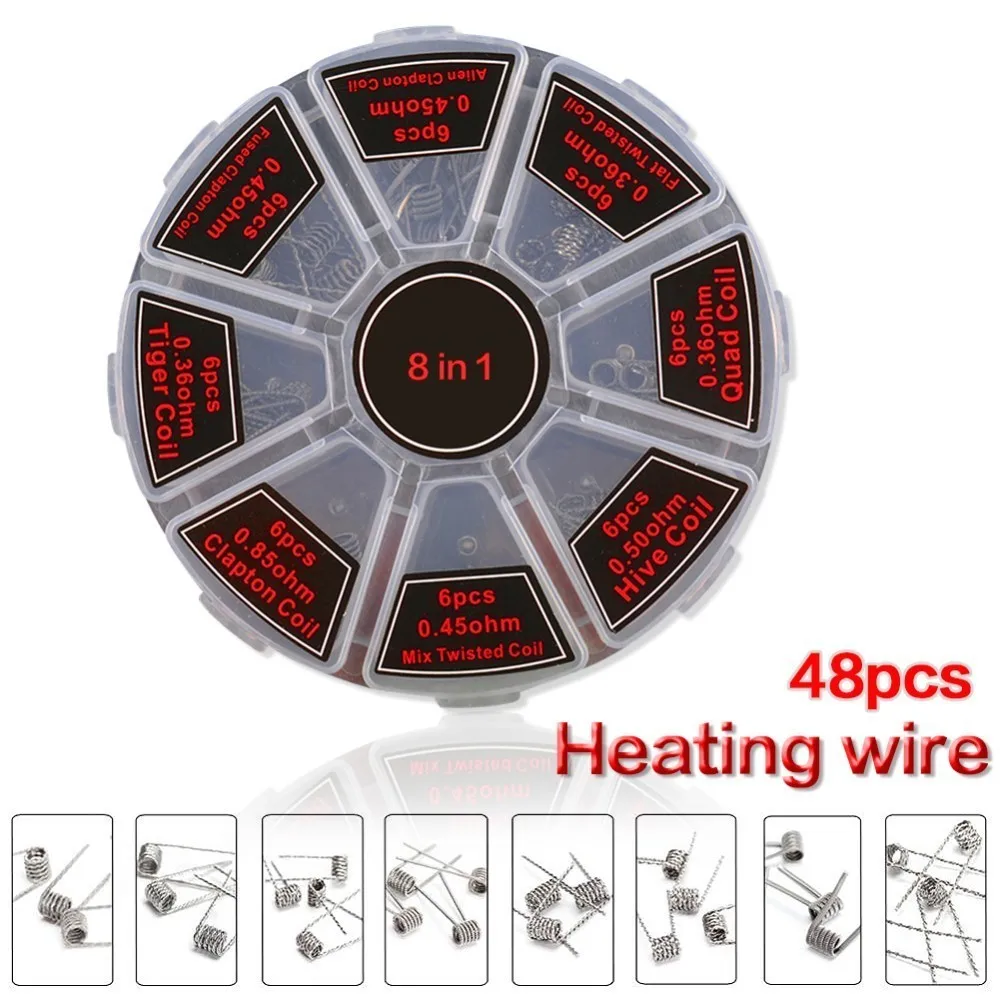 

48 Pcs 8 In1 Finished Heating Wire Clapton Hive Tiger Quad Flat Twisted Mix Twisted Fused Alien Coil Resistance Tool Accessories