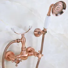 Antique Red Copper Brass Double Cross Handles Wall Mounted Bathroom Clawfoot Bathtub Tub Faucet Mixer Tap w/Hand Shower ana345 modern wall mount polished chrome brass bathroom clawfoot hand shower faucet mixer tap set telephone shape hand spray ana209