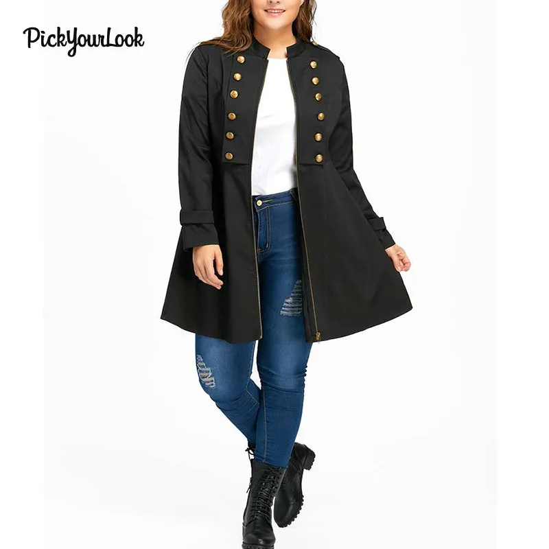 Koop PickYourLook 2018 Nieuwe Winter Vrouwelijke Vintage Ritsen Manteau Femme Hiver Zwart Double Breasted Plus Size 5XL A lijn Trenchcoat
