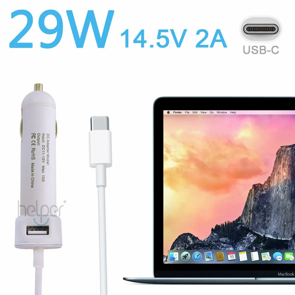  World Debut mini 14.5V 2A 29W Car Charger Car Adapter USB-C for MacBook Retina 12" with 5V 2A USB