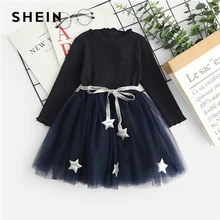 SHEIN Kiddie/повседневное платье из сетчатой ткани с оборками и контрастным узором в виде черной звезды для маленьких девочек; коллекция года; весенние детские Расклешенные платья с длинными рукавами