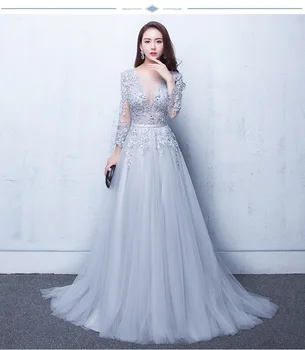 

Popodion evening dress lace evening gowns for women women gray dresses evening party robe de soiree PRO30060