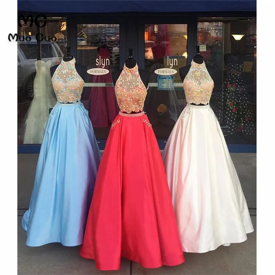 Elegant 2018 Two Pieces Gown Prom Dresses Long with Beaded Appliques Satin Vestido Longo A-Line Formal Evening Party Dress | Свадьбы и