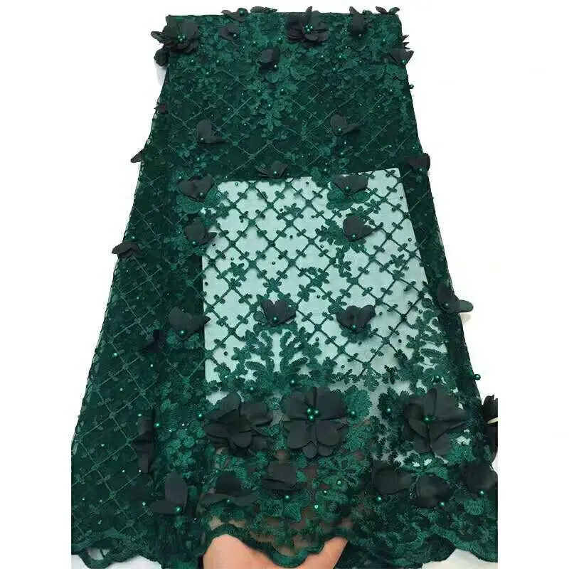 

Emerald green 3D Beads Lace Fabric 2019 High Quality Mesh Embroidery Applique 3D Flower Tulle Nigerian Lace Fabrics For Bridal