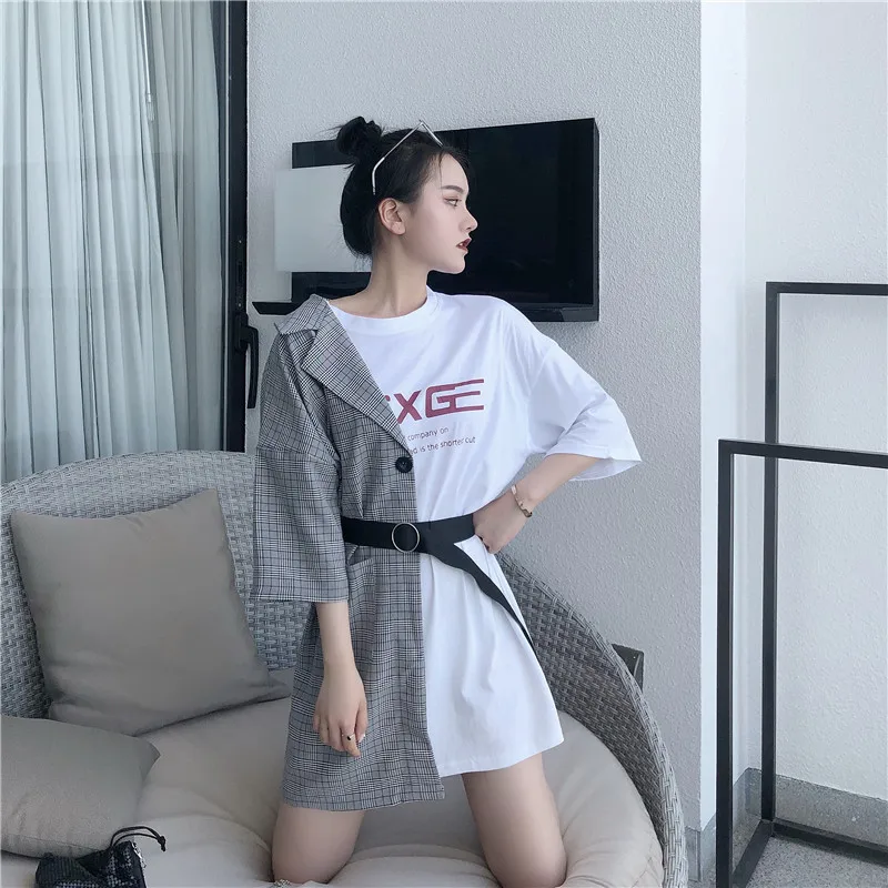 Woherb, Новое поступление, короткий рукав, корейский стиль, лоскутные футболки, летняя мода, тонкая, повседневная, с буквенным принтом, длинная футболка s 75126
