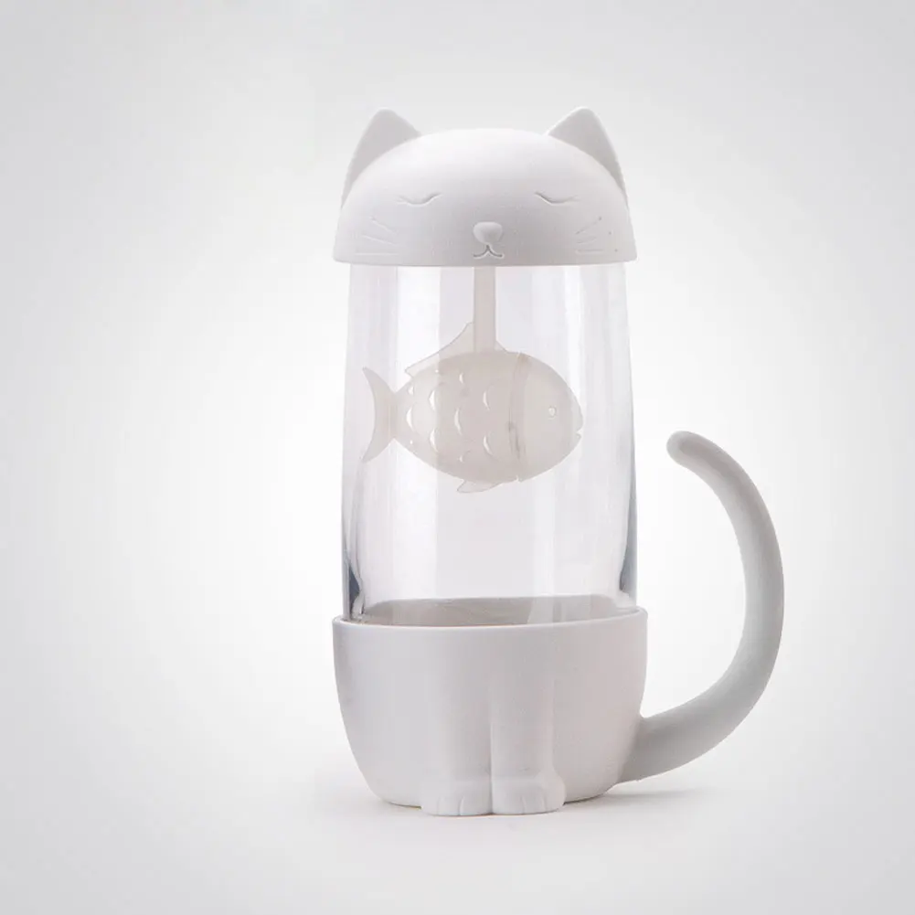 Милая стеклянная чашка для чая, кота с фильтром для рыбы, стеклянная чашка для заварки чая, фильтрующая кружка для домашнего офиса, подарочный контейнер