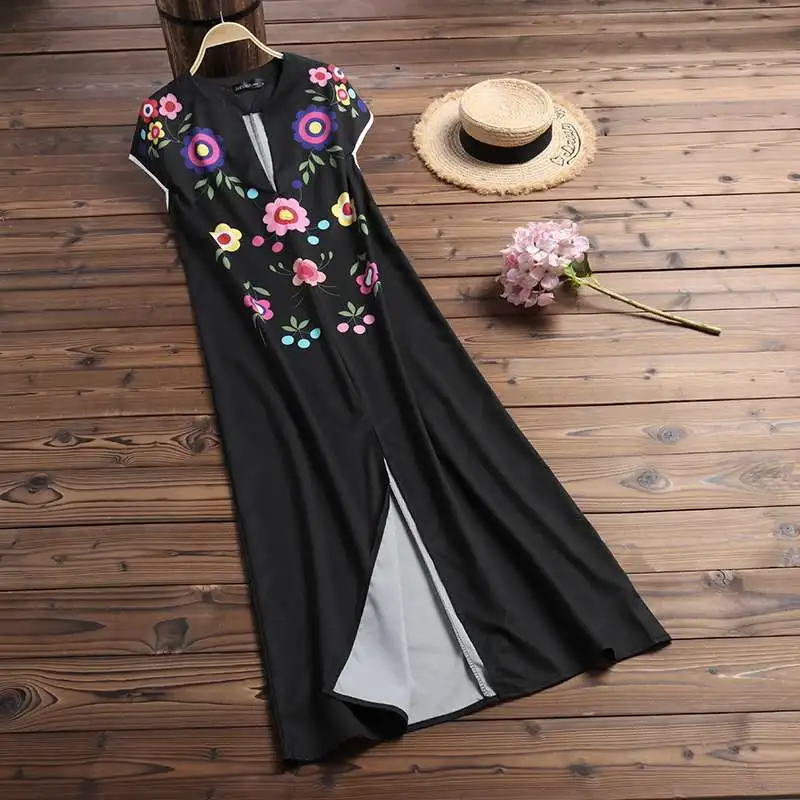 ZANZEA летний сарафан с цветочным принтом женское платье с v-образным вырезом и коротким рукавом женское пляжное платье Vestido Femme платье с разрезом - Цвет: Черный