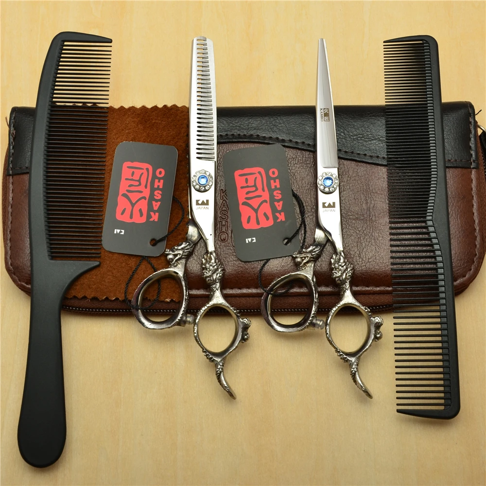 

4Pcs/Set 6'' Silvery KASHO Professional Human Hair Hairdressing Scissors Combs+ Cutting+ Thinning Shears Big Dragon Handle H9004