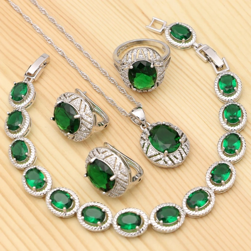 

Oval Natural Green Cubic Zirconia Silver 925 Jewelry Sets For Women Ring Bracelet Necklace Pendant Stud Earrings Silver Set
