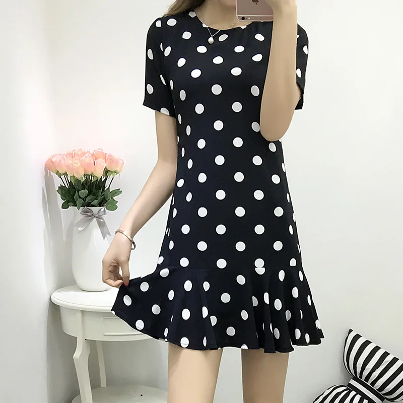 

Customize Summer female elegant fishtail dress Womens Plus Size short sleeves Black/White Polka Dot Print Mini Chiffon Dresses