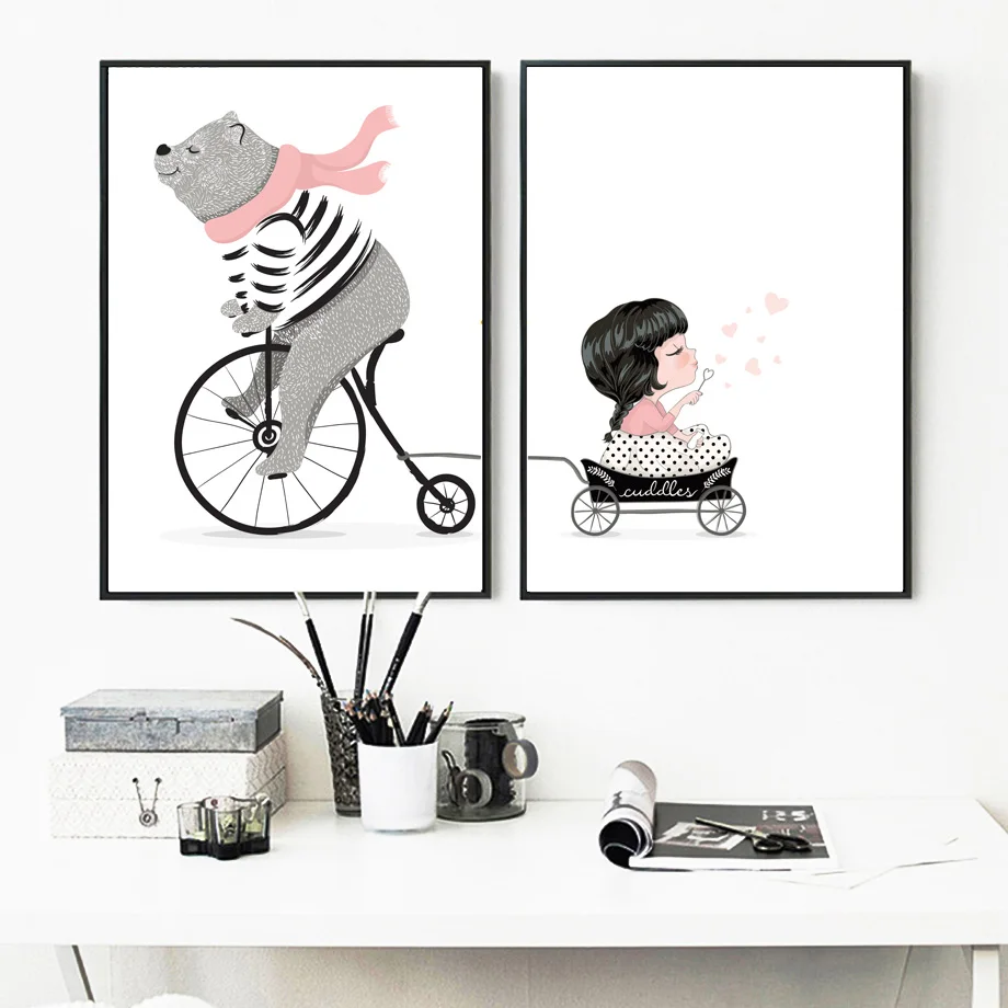 Wall-Art-Print-Bear-Travel-With-Little-Girl-Canvas-Painting-Nordic-Cartoon-Posters-And-Prints-Canvas