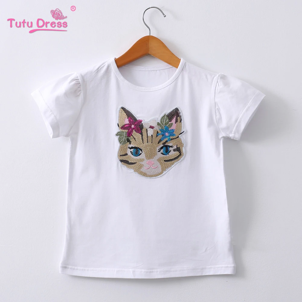 

Summer Funny Cat Sequin T-shirt Girls Casual Cotton O-neck Tee Tops Kids T Shirt Clothing Boys Cotton T shirts 2-12y
