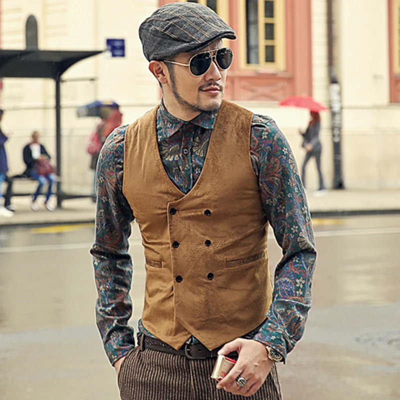 New men autumn double breasted velvet vest men waistcoat cotton casual ...