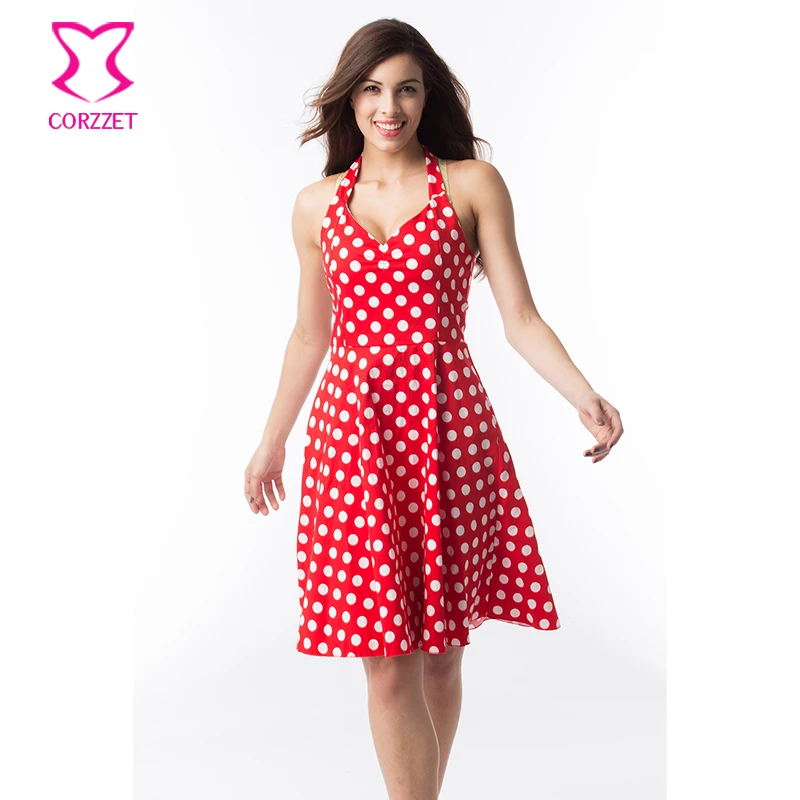 Elegant White Polka Dot Red Halter Vneck Women Dress Plus Size Dresses