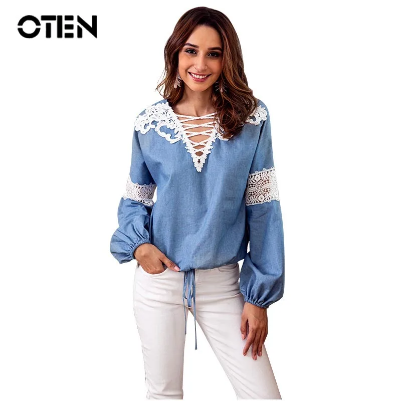 

OTEN 2018 New Arrival Blue pullover Women Long Lantern Sleeve Sexy V Neck Lace Patchwork hollow out jeans shirt tshirt Tops