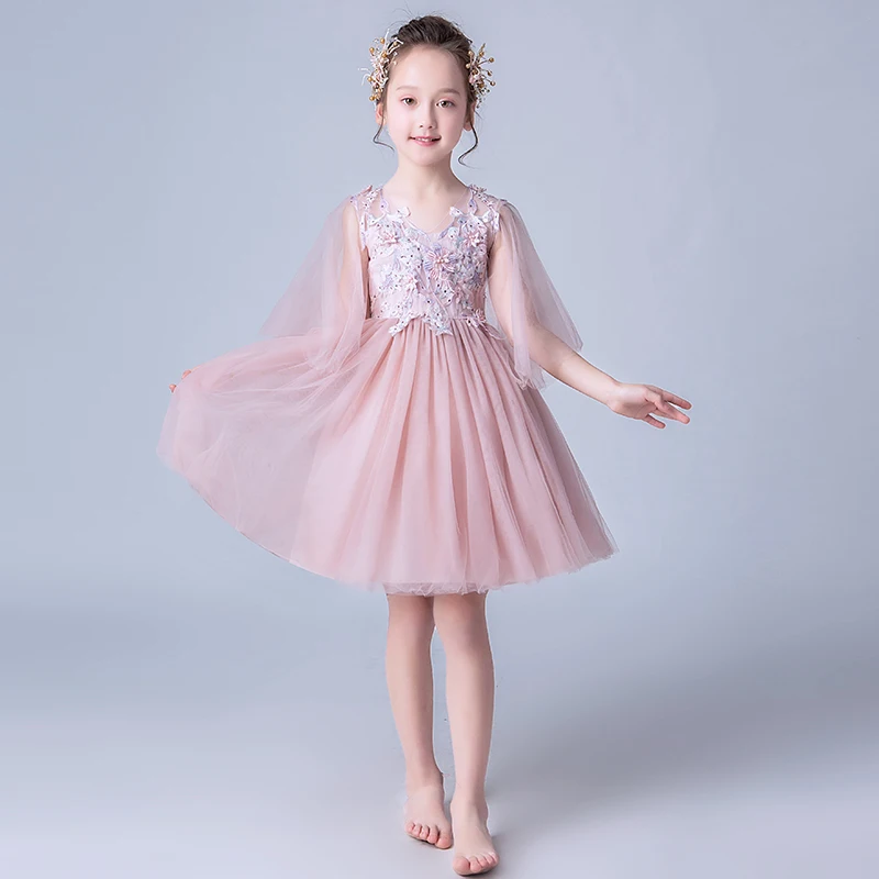 

Pink Flower Girl Dress for Pageant children party dress Half Sleeves V Neck Ball Gown Princess Birthday Dress Special Occasion