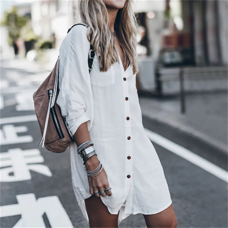 

hirigin Womens Summer Beach style solid Shirts female V-Neck casual Tunic cotton blended blouses ladies new fashion long tops
