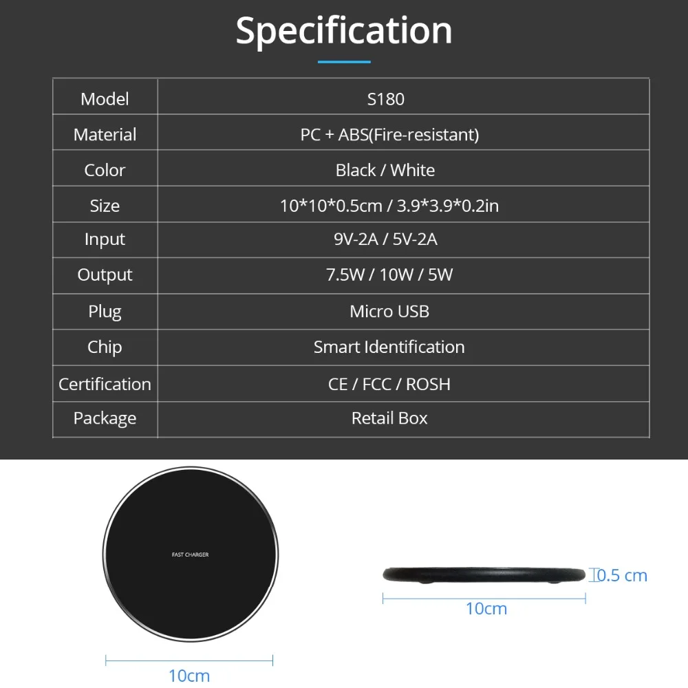 FONKEN S180 USB беспроводное зарядное устройство универсальное Qi 5 Вт 7,5 Вт 10 Вт база для быстрой зарядки ультра тонкая беспроводная зарядная площадка для мобильного телефона