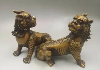 

Pair brass copper carved auspicious beast animal treasure dragon unicorn statue