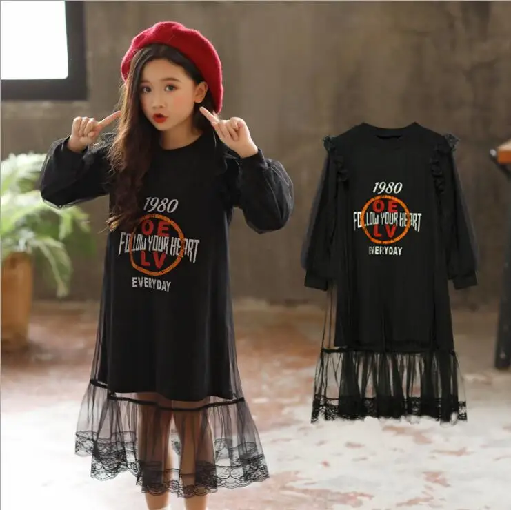 girl korean dress 2018 autumn girls black letter print long sleeve