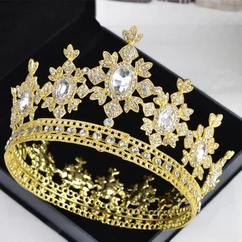

FROSEVEN Baroque Style Gold Color Metal Crystal Full Round Tiara and Crown Bridal Bride Noiva Wedding Hair Jewelry Accessories