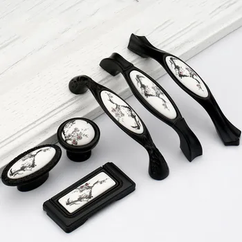 

1pc Chinese ink painting ceramic black handle Zinc Alloy Drawer Knobs Wardrobe Door Handles door pull Furniture Hardware