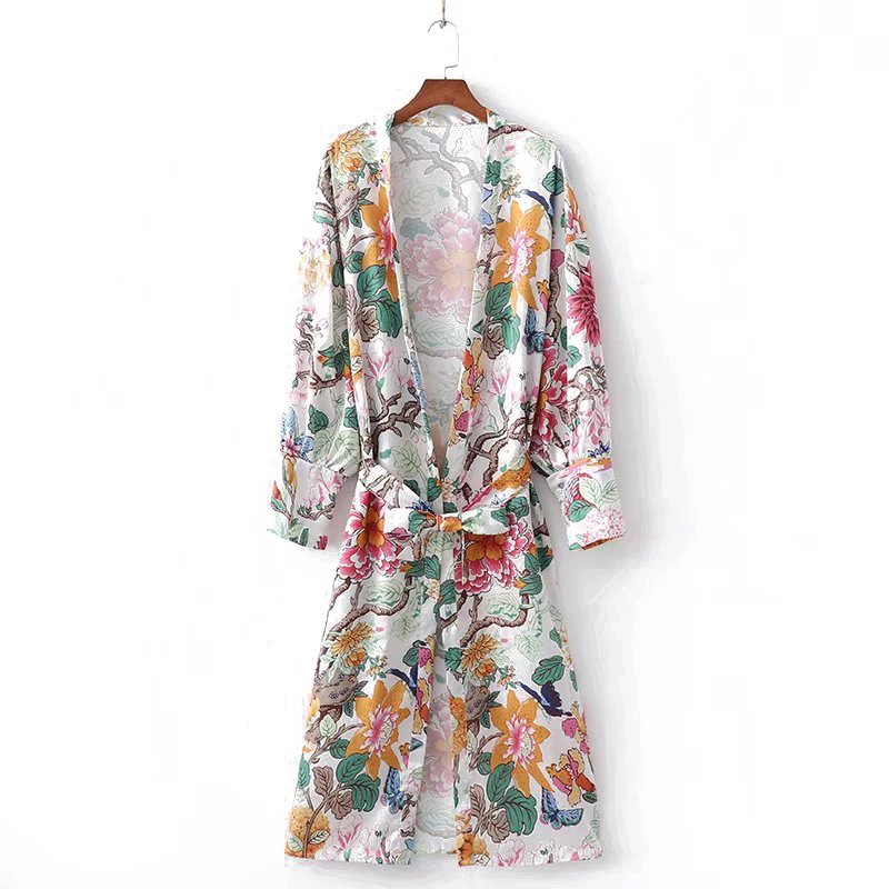 

Floral Kimono Dress Women Summer Bohemian V-Neck Bow Dress Women Elegant Mid-Calf Dress Vintage A-Line Loose Beach Sundress
