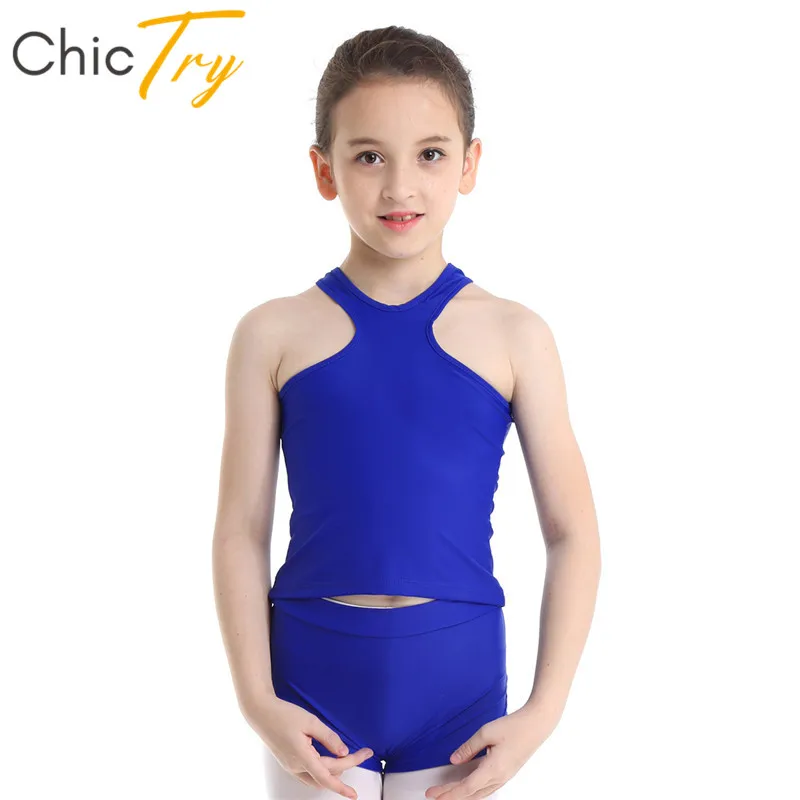 

ChicTry Kids Teens Two-piece Sports Ballet Gymnastics Lace Side Shorts with Racerback Tank Top Set Children Practice Dance Wear