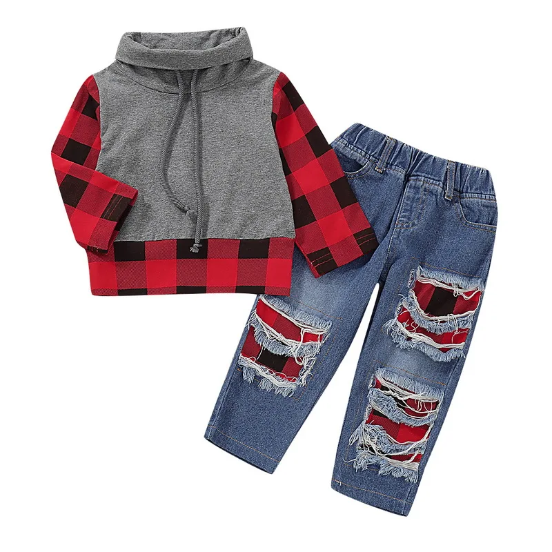 

2019 sets of clothes for spring suit Kids long sleeve plaid shirt + jeans 2pcs set D20
