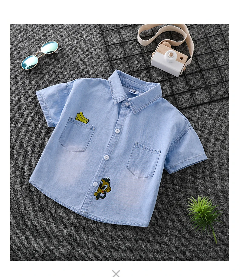 Джинсовая рубашка с короткими рукавами для мальчиков г., новая летняя голубая детская джинсовая рубашка мягкая детская рубашка с рисунком