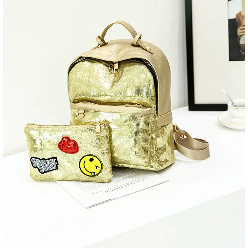 

2018 2pcs/Set Fashion Glitter Sequins Backpack Women Girl PU Leather Daily Backpack School Bag Cartoon Label Purse Rucksack S519