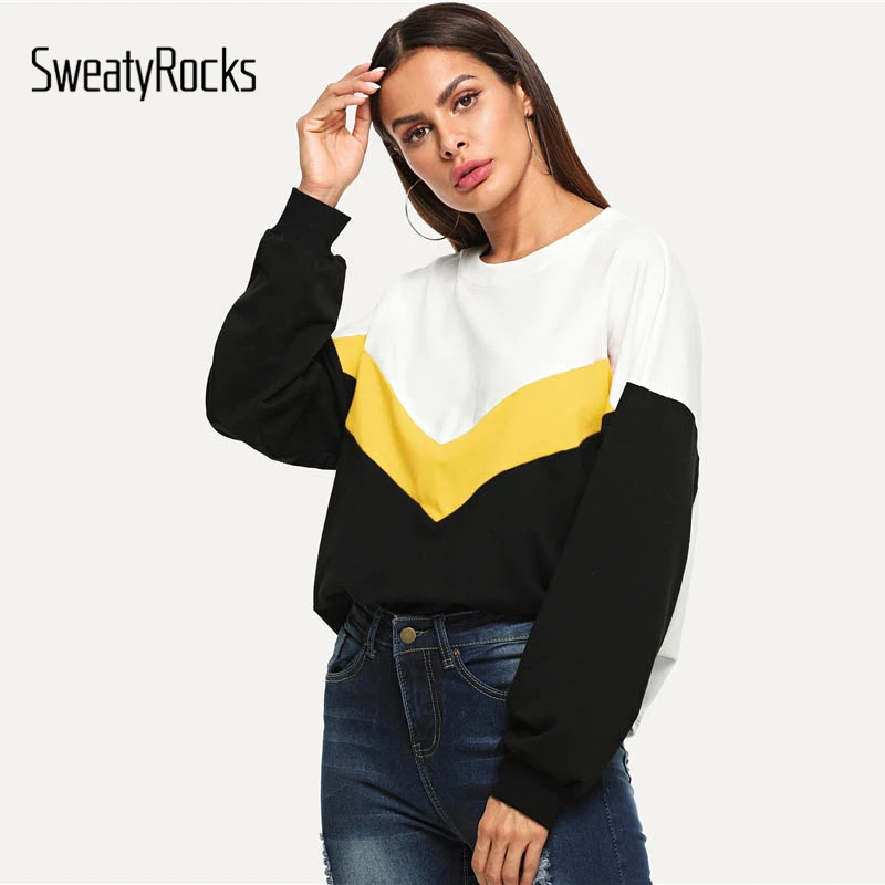 SweatyRocks Athleisure Cut And Sew цветной пуловер с длинным рукавом Топы Новая Осенняя женская одежда повседневные толстовки